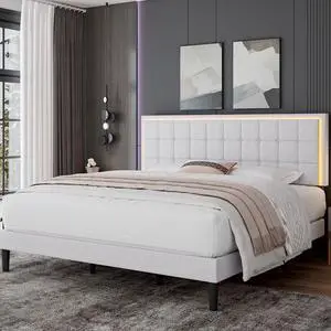 AMERLIFE King Size Upholstered Bed Frame with LED Lights, Soft Fabric/Button Tufted Platform Bed with Charging Station/Wood Slat Support/Noise Free, White AMERLIFE King Size Upholstered Bed Frame with LED Lights, Soft Fabric/Button Tufted Platform Bed with Charging Station/Wood Slat Support/Noise Free, White