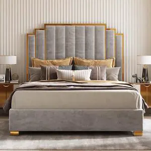 AMERLIFE King Size Upholstered Bed, Modern Velvet Bed Frame with 65.4 Tall Gold Trim Headboard, No Box Spring Needed, Grey AMERLIFE King Size Upholstered Bed, Modern Velvet Bed Frame with 65.4 Tall Gold Trim Headboard, No Box Spring Needed, Grey