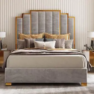 AMERLIFE Queen Size Upholstered Bed, Modern Velvet Bed Frame with 61.4 Tall Gold Trim Headboard, No Box Spring Needed, Grey AMERLIFE Queen Size Upholstered Bed, Modern Velvet Bed Frame with 61.4 Tall Gold Trim Headboard, No Box Spring Needed, Grey