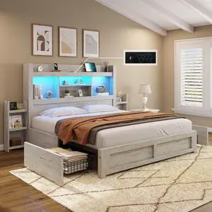 AMERLIFE Full Bed Frame with 4 Storage Drawers, LED Bed Frame with 49.6" Tall Bookcase Headboard, Wood Platform Bed with Charging Station & 2 Slide Bedside Shelf, No Box Spring Needed/Distressed White AMERLIFE Full Bed Frame with 4 Storage Drawers, LED Bed Frame with 49.6" Tall Bookcase Headboard, Wood Platform Bed with Charging Station & 2 Slide Bedside Shelf, No Box Spring Needed/Distressed White