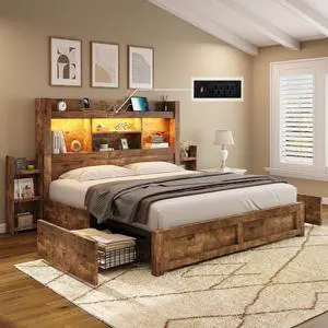 AMERLIFE Full Bed Frame with 4 Storage Drawer, LED Bed Frame with 49.6" Tall Bookcase Headboard, Wood Platform Bed with Charging Station & 2 Slide Bedside Shelf, No Box Spring Needed/Rustic Brown AMERLIFE Full Bed Frame with 4 Storage Drawer, LED Bed Frame with 49.6" Tall Bookcase Headboard, Wood Platform Bed with Charging Station & 2 Slide Bedside Shelf, No Box Spring Needed/Rustic Brown