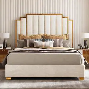 AMERLIFE King Size Upholstered Bed, Modern Velvet Bed Frame with 65.4 Tall Gold Trim Headboard, No Box Spring Needed, Cream AMERLIFE King Size Upholstered Bed, Modern Velvet Bed Frame with 65.4 Tall Gold Trim Headboard, No Box Spring Needed, Cream