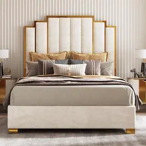 AMERLIFE Queen Size Upholstered Bed, Modern Velvet Bed Frame with 61.4 Tall Gold Trim Headboard, No Box Spring Needed, Cream AMERLIFE Queen Size Upholstered Bed, Modern Velvet Bed Frame with 61.4 Tall Gold Trim Headboard, No Box Spring Needed, Cream