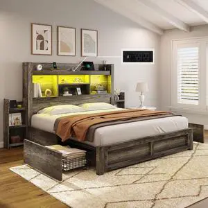 AMERLIFE Full Size Bed Frame with 4 Storage Drawers, LED Bed Frame with 49 Tall Bookcase Headboard, Wood Platform Bed with Charging Station & 2 Slide Bedside Shelf, No Box Spring Needed/Rustic Grey AMERLIFE Full Size Bed Frame with 4 Storage Drawers, LED Bed Frame with 49 Tall Bookcase Headboard, Wood Platform Bed with Charging Station & 2 Slide Bedside Shelf, No Box Spring Needed/Rustic Grey