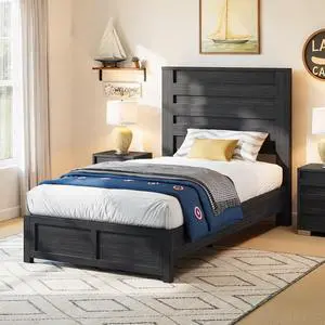 AMERLIFE Farmhouse Twin Bed Frame with 49" Fluted Headboard, Platform Bed with Natural Wood Grain Finish, Noise Free, No Box Spring Needed, Black AMERLIFE Farmhouse Twin Bed Frame with 49" Fluted Headboard, Platform Bed with Natural Wood Grain Finish, Noise Free, No Box Spring Needed, Black
