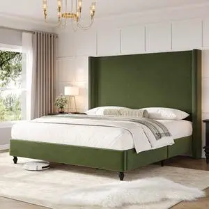 AMERLIFE Queen Bed Frame with 63" Tall Headboard, Upholstered Corduroy Bed Frame with Wingback, Platform Bed with Solid Wood Gourd Legs, Solid Slats, No Box Spring Needed, Green AMERLIFE Queen Bed Frame with 63" Tall Headboard, Upholstered Corduroy Bed Frame with Wingback, Platform Bed with Solid Wood Gourd Legs, Solid Slats, No Box Spring Needed, Green