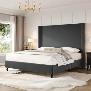 AMERLIFE Queen Bed Frame with 63" Tall Headboard, Upholstered Corduroy Bed Frame with Wingback, Platform Bed with Solid Wood Gourd Legs, Solid Slats, No Box Spring Needed, Dark Grey AMERLIFE Queen Bed Frame with 63" Tall Headboard, Upholstered Corduroy Bed Frame with Wingback, Platform Bed with Solid Wood Gourd Legs, Solid Slats, No Box Spring Needed, Dark Grey