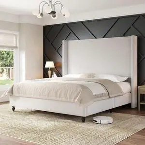 AMERLIFE Queen Bed Frame with 63" Tall Headboard, Upholstered Corduroy Bed Frame with Wingback, Platform Bed with Solid Wood Gourd Legs, Solid Slats, No Box Spring Needed, White AMERLIFE Queen Bed Frame with 63" Tall Headboard, Upholstered Corduroy Bed Frame with Wingback, Platform Bed with Solid Wood Gourd Legs, Solid Slats, No Box Spring Needed, White