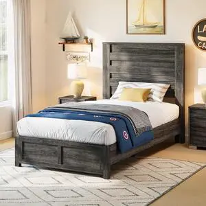 AMERLIFE Farmhouse Twin Platform Bed Frame with 49" Fluted Headboard, Wooden Bed with Natural Grain Finish, Noise-Free, No Box Spring Required, Easy Assembly, Grey AMERLIFE Farmhouse Twin Platform Bed Frame with 49" Fluted Headboard, Wooden Bed with Natural Grain Finish, Noise-Free, No Box Spring Required, Easy Assembly, Grey