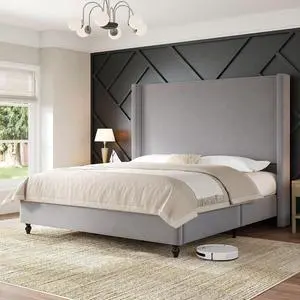 AMERLIFE Queen Bed Frame with 63" Tall Headboard, Upholstered Corduroy Bed Frame with Wingback, Platform Bed with Solid Wood Gourd Legs, Solid Slats, No Box Spring Needed, Light Grey AMERLIFE Queen Bed Frame with 63" Tall Headboard, Upholstered Corduroy Bed Frame with Wingback, Platform Bed with Solid Wood Gourd Legs, Solid Slats, No Box Spring Needed, Light Grey