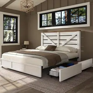 AMERLIFE King Size Farmhouse Bed Frame with 4 Drawers, Wooden Storage Bed Frame with Headboard and Heavy Duty Metal Slats, Noisy Free, Easy Assemble, White/Barnwood AMERLIFE King Size Farmhouse Bed Frame with 4 Drawers, Wooden Storage Bed Frame with Headboard and Heavy Duty Metal Slats, Noisy Free, Easy Assemble, White/Barnwood