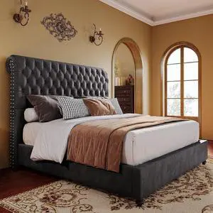 PaPaJet Bed Frame Queen Size Upholstered Platform Bed with 53'' Tall Sleigh Headboard, Button Tufted, No Box Spring Needed, Easy Assembly, Dark Grey PaPaJet Bed Frame Queen Size Upholstered Platform Bed with 53'' Tall Sleigh Headboard, Button Tufted, No Box Spring Needed, Easy Assembly, Dark Grey
