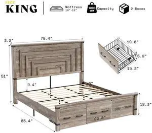 AMERLIFE King Bed Frame with 51" Tall Headboard, 3 Large Storage Drawers, Wood Platform Bed, No Box Spring Needed, Silent Frame, Easy Assembly, Farmhouse, Rustic Grey AMERLIFE King Bed Frame with 51" Tall Headboard, 3 Large Storage Drawers, Wood Platform Bed, No Box Spring Needed, Silent Frame, Easy Assembly, Farmhouse, Rustic Grey