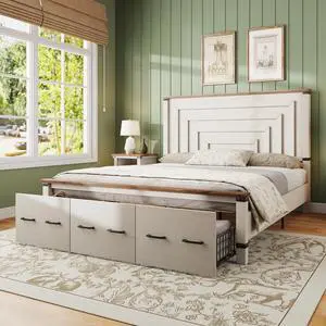 AMERLIFE Farmhouse King Size Bed Frame with 51" Tall Geometric Headboard & Footboard, Rustic Wood Platform Bed Frame/w 3 Large Storage Drawers, Wood Slats Support, No Box Spring Needed, Rustic White AMERLIFE Farmhouse King Size Bed Frame with 51" Tall Geometric Headboard & Footboard, Rustic Wood Platform Bed Frame/w 3 Large Storage Drawers, Wood Slats Support, No Box Spring Needed, Rustic White