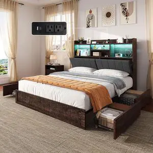 AMERLIFE Full Size Bed Frame with 51.2" Tall Bookcase Headboard, Farmhouse Platform Bed with 4 Storage Drawers, Linen Upholstered, Charging Station & Storage, Rustic Brown AMERLIFE Full Size Bed Frame with 51.2" Tall Bookcase Headboard, Farmhouse Platform Bed with 4 Storage Drawers, Linen Upholstered, Charging Station & Storage, Rustic Brown