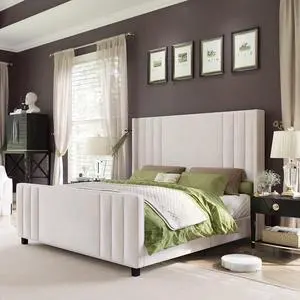 AMERLIFE Queen Size Bed Frame, Velvet Upholstered Platform Bed with Vertical Channel Tufted Headboard & Footboard/Wingback, Mattress Foundation with Wood Slats, No Box Spring Needed, Cream AMERLIFE Queen Size Bed Frame, Velvet Upholstered Platform Bed with Vertical Channel Tufted Headboard & Footboard/Wingback, Mattress Foundation with Wood Slats, No Box Spring Needed, Cream