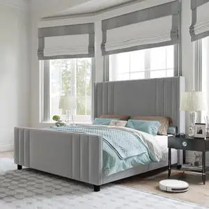 AMERLIFE Queen Size Bed Frame, Velvet Upholstered Platform Bed with Vertical Channel Tufted Headboard & Footboard/Wingback, Mattress Foundation with Wood Slats, No Box Spring Needed, Light Grey AMERLIFE Queen Size Bed Frame, Velvet Upholstered Platform Bed with Vertical Channel Tufted Headboard & Footboard/Wingback, Mattress Foundation with Wood Slats, No Box Spring Needed, Light Grey