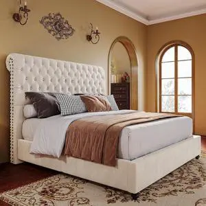 PaPaJet Bed Frame Queen Size Upholstered Platform Bed with 53'' Tall Sleigh Headboard, Button Tufted, No Box Spring Needed, Easy Assembly, Cream PaPaJet Bed Frame Queen Size Upholstered Platform Bed with 53'' Tall Sleigh Headboard, Button Tufted, No Box Spring Needed, Easy Assembly, Cream