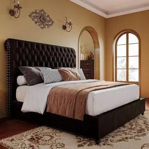 PaPaJet Bed Frame Queen Size Upholstered Platform Bed with 53'' Tall Sleigh Headboard, Button Tufted, No Box Spring Needed, Easy Assembly, Black PaPaJet Bed Frame Queen Size Upholstered Platform Bed with 53'' Tall Sleigh Headboard, Button Tufted, No Box Spring Needed, Easy Assembly, Black