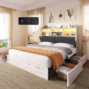 AMERLIFE King Size Bed Frame with 51.2" Tall Bookcase Headboard, Farmhouse Platform Bed with 4 Storage Drawers, Linen Upholstered, Charging Station & Storage, Rustic White AMERLIFE King Size Bed Frame with 51.2" Tall Bookcase Headboard, Farmhouse Platform Bed with 4 Storage Drawers, Linen Upholstered, Charging Station & Storage, Rustic White
