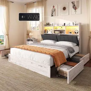 Full Size Bed Frame with 51.2" Tall Bookcase Headboard, Farmhouse Platform Bed with 4 Storage Drawers, Linen Upholstered, Charging Station & Storage, Rustic White Full Size Bed Frame with 51.2" Tall Bookcase Headboard, Farmhouse Platform Bed with 4 Storage Drawers, Linen Upholstered, Charging Station & Storage, Rustic White