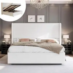 PaPaJet Queen Size Lift Up Storage Bed Frame with 51.2" Wingback Headboard, Linen Upholstered Platform Bed, Hydraulic Support System, Reinforced Metal Structure, No Box Spring Needed, White PaPaJet Queen Size Lift Up Storage Bed Frame with 51.2" Wingback Headboard, Linen Upholstered Platform Bed, Hydraulic Support System, Reinforced Metal Structure, No Box Spring Needed, White