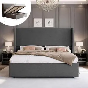 PaPaJet Lift Up Storage Bed Queen Size Upholstered Platform Bed Frame with Hydraulic Storage/Modern Wingback Headboard/No Box Spring Needed/Dark Grey PaPaJet Lift Up Storage Bed Queen Size Upholstered Platform Bed Frame with Hydraulic Storage/Modern Wingback Headboard/No Box Spring Needed/Dark Grey