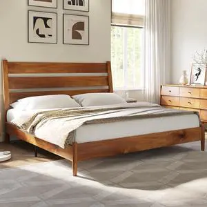 AMERLIFE Solid Wood King Size Bed Frame, Mid Century Modern Platform Bed Frame with Reclining Headboard, Sturdy & Noise Free, No Box Spring Needed, Light Brown AMERLIFE Solid Wood King Size Bed Frame, Mid Century Modern Platform Bed Frame with Reclining Headboard, Sturdy & Noise Free, No Box Spring Needed, Light Brown