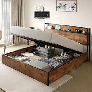 AMERLIFE King Size Lift Up Storage Bed Frame, Wooden Platform Bed Frame with Lifting Storage & Charging Station, No Spring Box Needed/Noise Free, Rustic Brown AMERLIFE King Size Lift Up Storage Bed Frame, Wooden Platform Bed Frame with Lifting Storage & Charging Station, No Spring Box Needed/Noise Free, Rustic Brown
