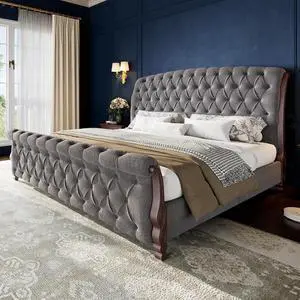 AMERLIFE Upholstered California King Bed Frame, 53" Tall Sleigh Bed with Button Tufted Chenille Headboard and Footboard, Platform Bed with Carved Solid Wood Legs, No Box Spring Needed, Dark Gray AMERLIFE Upholstered California King Bed Frame, 53" Tall Sleigh Bed with Button Tufted Chenille Headboard and Footboard, Platform Bed with Carved Solid Wood Legs, No Box Spring Needed, Dark Gray