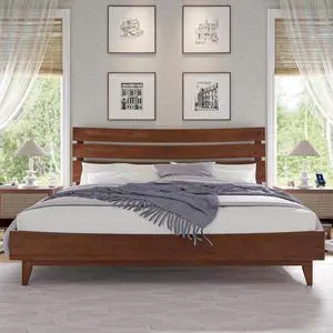 VanAcc King Size Solid Wood Platform Bed Frame, Walnut Mid-Century Style with Slatted Headboard & Wood Slat Support, No Box Spring Needed VanAcc King Size Solid Wood Platform Bed Frame, Walnut Mid-Century Style with Slatted Headboard & Wood Slat Support, No Box Spring Needed