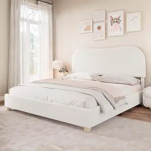 AMERLIFE King Size Upholstered Boucle Bed Frame, Soft Cloud Platform Bed with Adjustable Headboard, Modern Design, Rounded Corners, Rubberwood Legs, No Box Spring Needed, Easy Assembly, Cream AMERLIFE King Size Upholstered Boucle Bed Frame, Soft Cloud Platform Bed with Adjustable Headboard, Modern Design, Rounded Corners, Rubberwood Legs, No Box Spring Needed, Easy Assembly, Cream