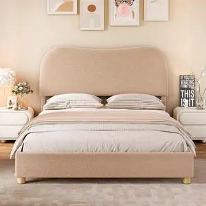 AMERLIFE King Size Upholstered Boucle Bed Frame, Soft Cloud Platform Bed with Adjustable Headboard, Modern Design, Rounded Corners, Rubberwood Legs, No Box Spring Needed, Easy Assembly, Beige AMERLIFE King Size Upholstered Boucle Bed Frame, Soft Cloud Platform Bed with Adjustable Headboard, Modern Design, Rounded Corners, Rubberwood Legs, No Box Spring Needed, Easy Assembly, Beige