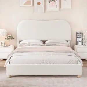 AMERLIFE Queen Size Upholstered Boucle Bed Frame, Soft Cloud Platform Bed with Adjustable Headboard, Modern Design, Rounded Corners, Rubberwood Legs, No Box Spring Needed, Easy Assembly, Cream AMERLIFE Queen Size Upholstered Boucle Bed Frame, Soft Cloud Platform Bed with Adjustable Headboard, Modern Design, Rounded Corners, Rubberwood Legs, No Box Spring Needed, Easy Assembly, Cream