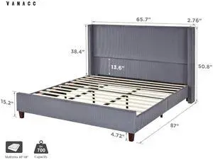 VanAcc Queen Size Platform Bed Frame, 50.8" Corduroy Upholstered Bed with Vertical Channel Tufted Headboard/Wooden Slats/Wingback/No Box Spring Required/Grey VanAcc Queen Size Platform Bed Frame, 50.8" Corduroy Upholstered Bed with Vertical Channel Tufted Headboard/Wooden Slats/Wingback/No Box Spring Required/Grey