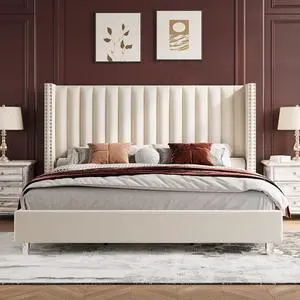 PaPaJet Bed Frame Queen Size Tufted Bed with Vertical Channel Velvet Headboard/No Box Spring Needed/Easy Assembly/Cream PaPaJet Bed Frame Queen Size Tufted Bed with Vertical Channel Velvet Headboard/No Box Spring Needed/Easy Assembly/Cream