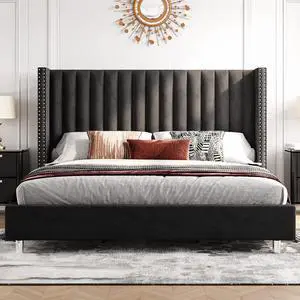 PaPaJet Bed Frame Queen Size Tufted Bed with Vertical Channel Velvet Headboard/No Box Spring Needed/Easy Assembly/Black PaPaJet Bed Frame Queen Size Tufted Bed with Vertical Channel Velvet Headboard/No Box Spring Needed/Easy Assembly/Black