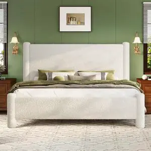 AMERLIFE Queen Size Cloud Boucle Bed Frame, Sherpa Upholstered Platform Bed with Cylindrical Pillar Headboard, Modern Soft Tufted Design, Foundation-Free, White AMERLIFE Queen Size Cloud Boucle Bed Frame, Sherpa Upholstered Platform Bed with Cylindrical Pillar Headboard, Modern Soft Tufted Design, Foundation-Free, White