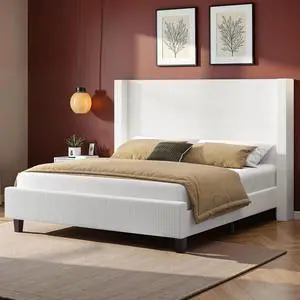 VanAcc Queen Size Platform Bed Frame, 50.8" Corduroy Upholstered Bed with Vertical Channel Tufted Headboard/Wooden Slats/Wingback/No Box Spring Required/White VanAcc Queen Size Platform Bed Frame, 50.8" Corduroy Upholstered Bed with Vertical Channel Tufted Headboard/Wooden Slats/Wingback/No Box Spring Required/White