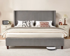 King Size Platform Bed Frame, 50.8" Corduroy Upholstered Bed with Vertical Channel Tufted Headboard/Wooden Slats/Wingback/No Box Spring Required/Taupe King Size Platform Bed Frame, 50.8" Corduroy Upholstered Bed with Vertical Channel Tufted Headboard/Wooden Slats/Wingback/No Box Spring Required/Taupe
