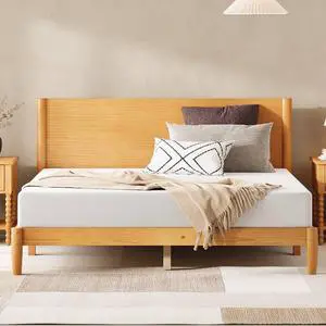 AMERLIFE Queen Solid Wood Bed Frame, Mid Century Modern Platform Bed with Full Panel Headboard, Wooden Bedframe with Cylindrical Legs, No Box Spring Needed & Noise-Free, Natural Wood AMERLIFE Queen Solid Wood Bed Frame, Mid Century Modern Platform Bed with Full Panel Headboard, Wooden Bedframe with Cylindrical Legs, No Box Spring Needed & Noise-Free, Natural Wood