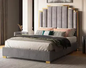 Albott Queen Size Platform Bed Frame, 61.4" Velvet Upholstered Bed with Gold Trim Headboard/Wooden Slats/No Box Spring Needed/Grey Albott Queen Size Platform Bed Frame, 61.4" Velvet Upholstered Bed with Gold Trim Headboard/Wooden Slats/No Box Spring Needed/Grey