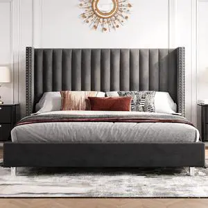 PaPaJet Bed Frame Queen Size Tufted Bed with Vertical Channel Velvet Headboard/No Box Spring Needed/Easy Assembly/Grey PaPaJet Bed Frame Queen Size Tufted Bed with Vertical Channel Velvet Headboard/No Box Spring Needed/Easy Assembly/Grey