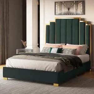 Albott Queen Size Platform Bed Frame, 61.4" Velvet Upholstered Bed with Gold Trim Headboard/Wooden Slats/No Box Spring Needed/Green Albott Queen Size Platform Bed Frame, 61.4" Velvet Upholstered Bed with Gold Trim Headboard/Wooden Slats/No Box Spring Needed/Green