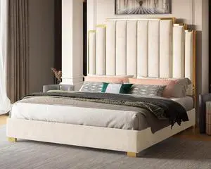 Albott King Size Platform Bed Frame, 65" Velvet Upholstered Bed with Gold Trim Headboard/Wooden Slats/No Box Spring Needed/Cream Albott King Size Platform Bed Frame, 65" Velvet Upholstered Bed with Gold Trim Headboard/Wooden Slats/No Box Spring Needed/Cream