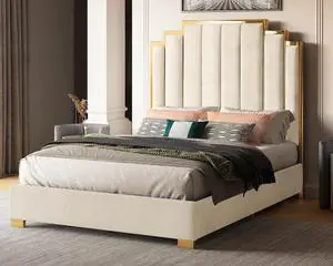 Albott Queen Size Platform Bed Frame, 61.4" Velvet Upholstered Bed with Gold Trim Headboard/Wooden Slats/No Box Spring Needed/Cream Albott Queen Size Platform Bed Frame, 61.4" Velvet Upholstered Bed with Gold Trim Headboard/Wooden Slats/No Box Spring Needed/Cream