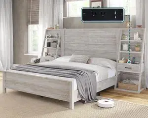 AMERLIFE Full Bed Frame with Wide Headboard and 4-Tier Bookshelves, Farmhouse Platform Bed with Charging Station & 2 Drawers, Noise-Free, No Box Spring Needed, Rustic White AMERLIFE Full Bed Frame with Wide Headboard and 4-Tier Bookshelves, Farmhouse Platform Bed with Charging Station & 2 Drawers, Noise-Free, No Box Spring Needed, Rustic White