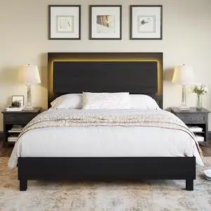 AMERLIFE Full Bed Frame with 47" Headboard, Rustic Wood Platform Bed with LED Lights, Mattress Foundation with Wooden Slats Support, No Box Spring Needed/Noise Free, Black AMERLIFE Full Bed Frame with 47" Headboard, Rustic Wood Platform Bed with LED Lights, Mattress Foundation with Wooden Slats Support, No Box Spring Needed/Noise Free, Black