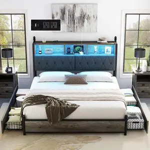 AMERLIFE King Size Bed Frame with Bookcase Headboard and 4 Storage Drawers, Wooden Platform Bed with Charging Station and LED Light, No Box Spring Needed/Noise-Free, Gray AMERLIFE King Size Bed Frame with Bookcase Headboard and 4 Storage Drawers, Wooden Platform Bed with Charging Station and LED Light, No Box Spring Needed/Noise-Free, Gray