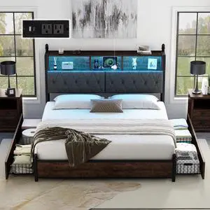 AMERLIFE King Size Bed Frame with Bookcase Headboard, 4 Storage Drawers, Wooden Platform Bed with Charging Station & LED Light, No Box Spring Needed, Noise-Free, Rustic Brown AMERLIFE King Size Bed Frame with Bookcase Headboard, 4 Storage Drawers, Wooden Platform Bed with Charging Station & LED Light, No Box Spring Needed, Noise-Free, Rustic Brown